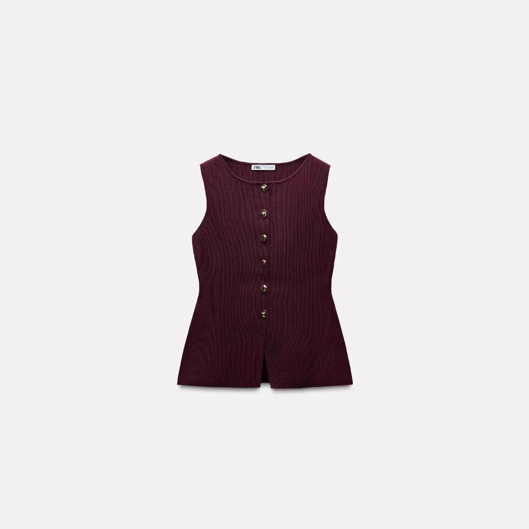 Slim fit dark red viscose sweater vest with a textured 3D pattern, shown on a model.