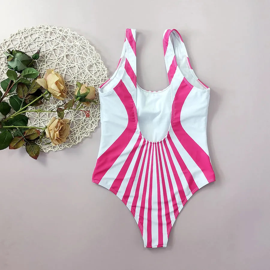 Pink striped one-piece swimsuit for women with front and rear digital print.