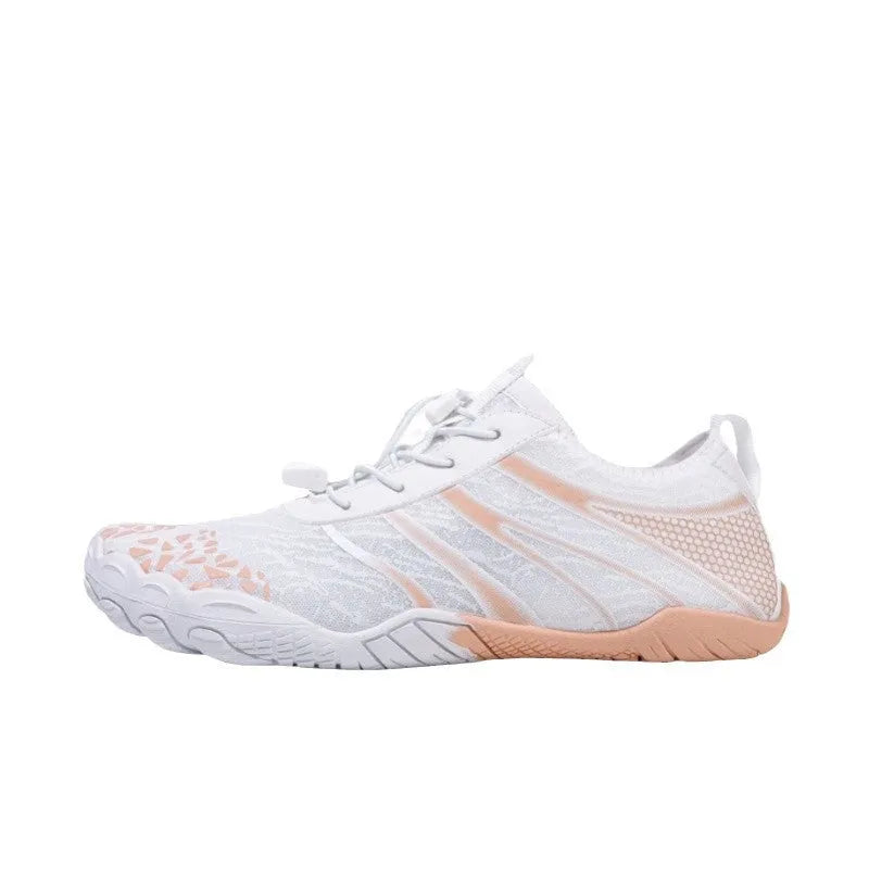 Men's and women's casual Lycra beach running shoes in beige, shown on a size label with options for dark blue, grey, black, and white pink.