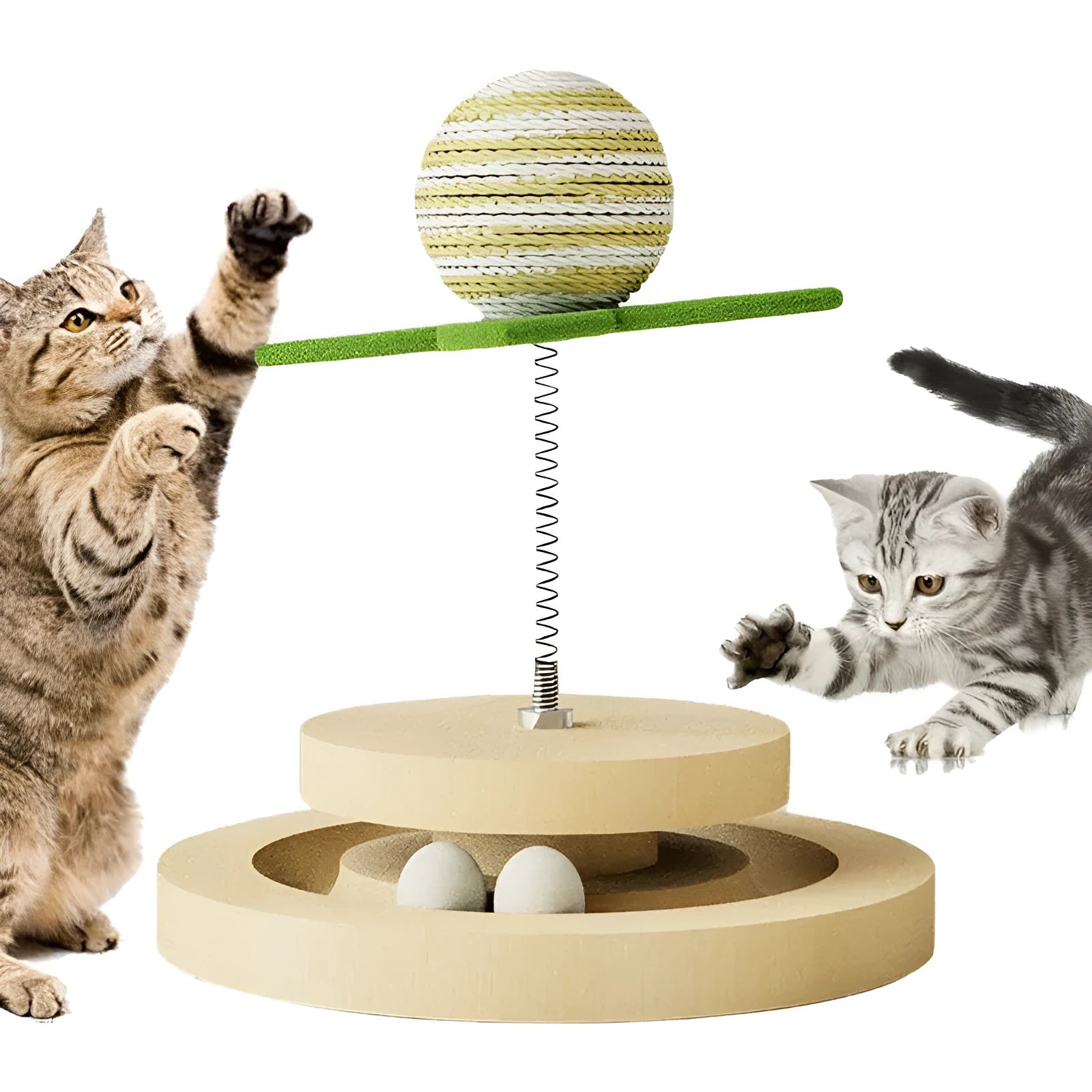 Green sisal cat toy with two-layer ball track and rotating spring ball mechanism