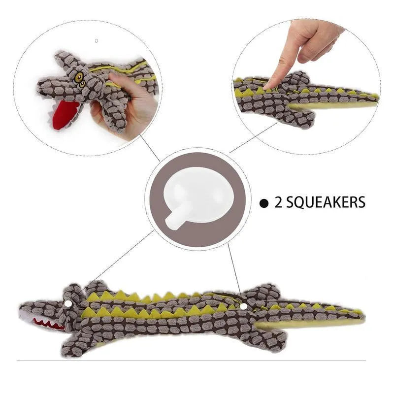 Crocodile-shaped plush dog toy with corduroy fabric detailing and squeaker inside