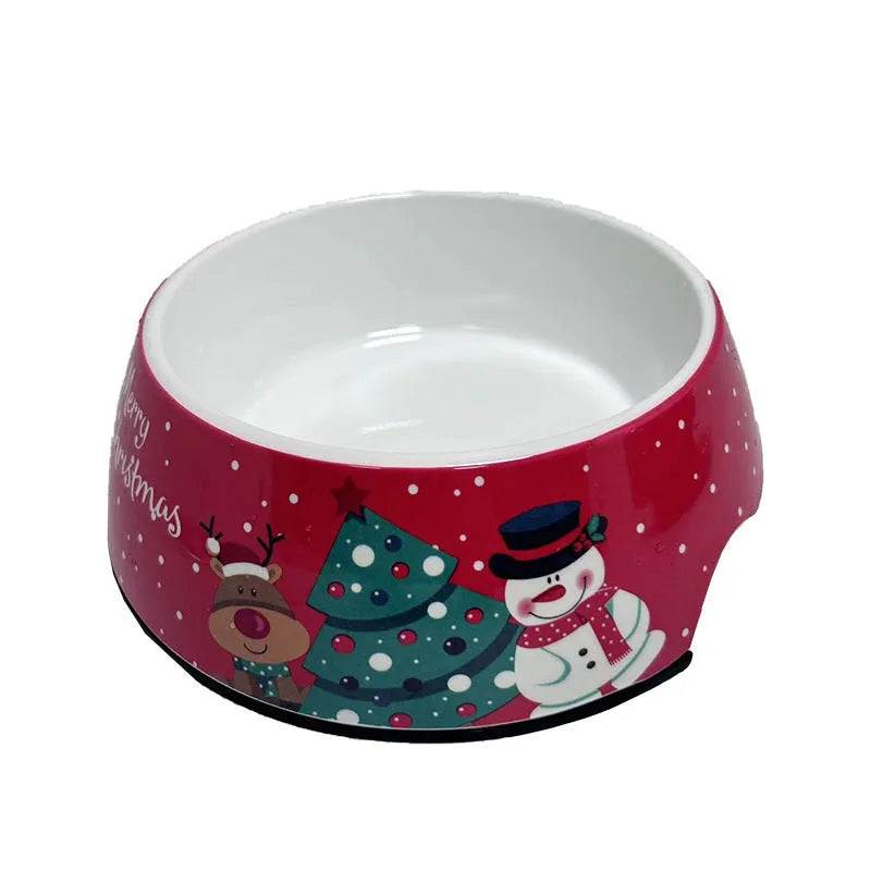 Red Christmas-themed double layer pet bowl with stainless steel interior and melamine exterior