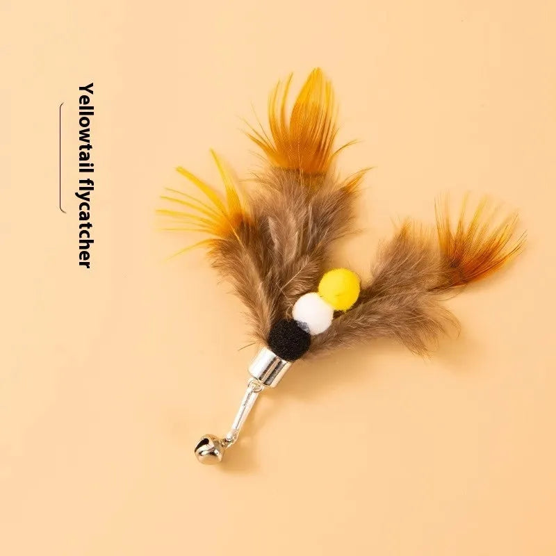 Three small flying insect-shaped cat toy heads on steel wire stems, in assorted colours.