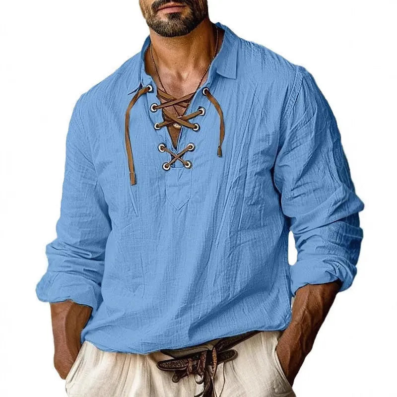 Men's blue plus size loose fit linen shirt with a lapel collar featuring white lace detail.