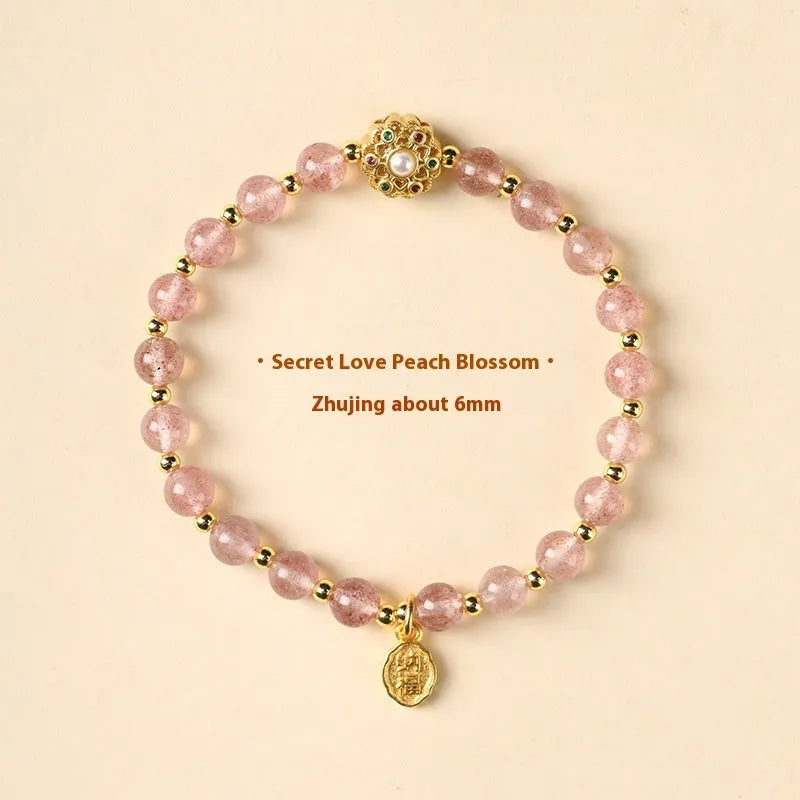 Hand-woven crystal bracelet with grey Moonstone, pink Sunstone and peach strawberry quartz 6mm beads
