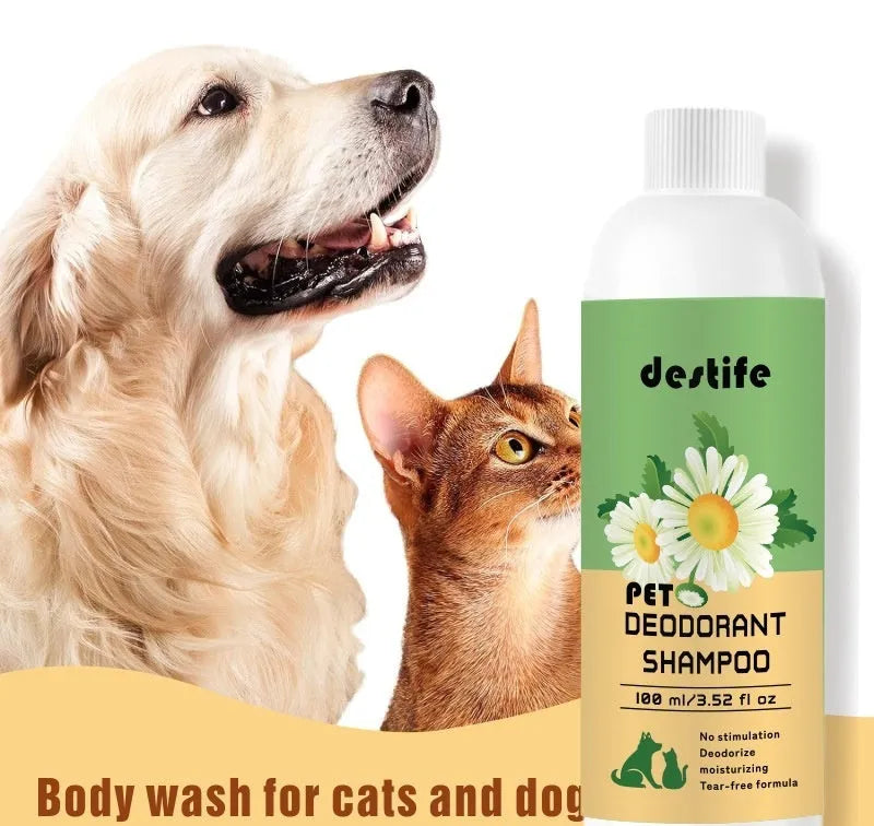 100ml bottle of pet shampoo and shower gel for dogs and cats with deodorising fragrance