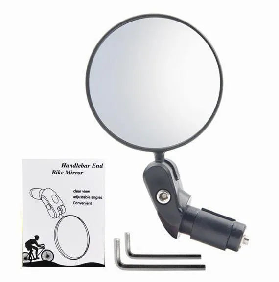 Black foldable convex rearview mirror for motorcycles showing 360-degree rotation.