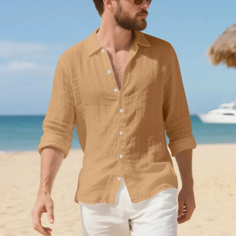 Linen casual shirt in a loose American fit on a hanger, shown in an earthy yellow colour.