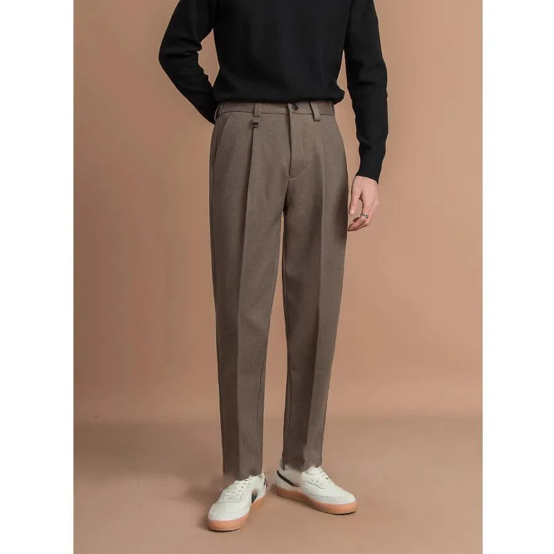 Men's straight-leg drape style suit trousers in four colour options