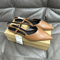 Flat pointed toe women's sandals with buckle closure, low heel, microfiber upper, available in multiple colours