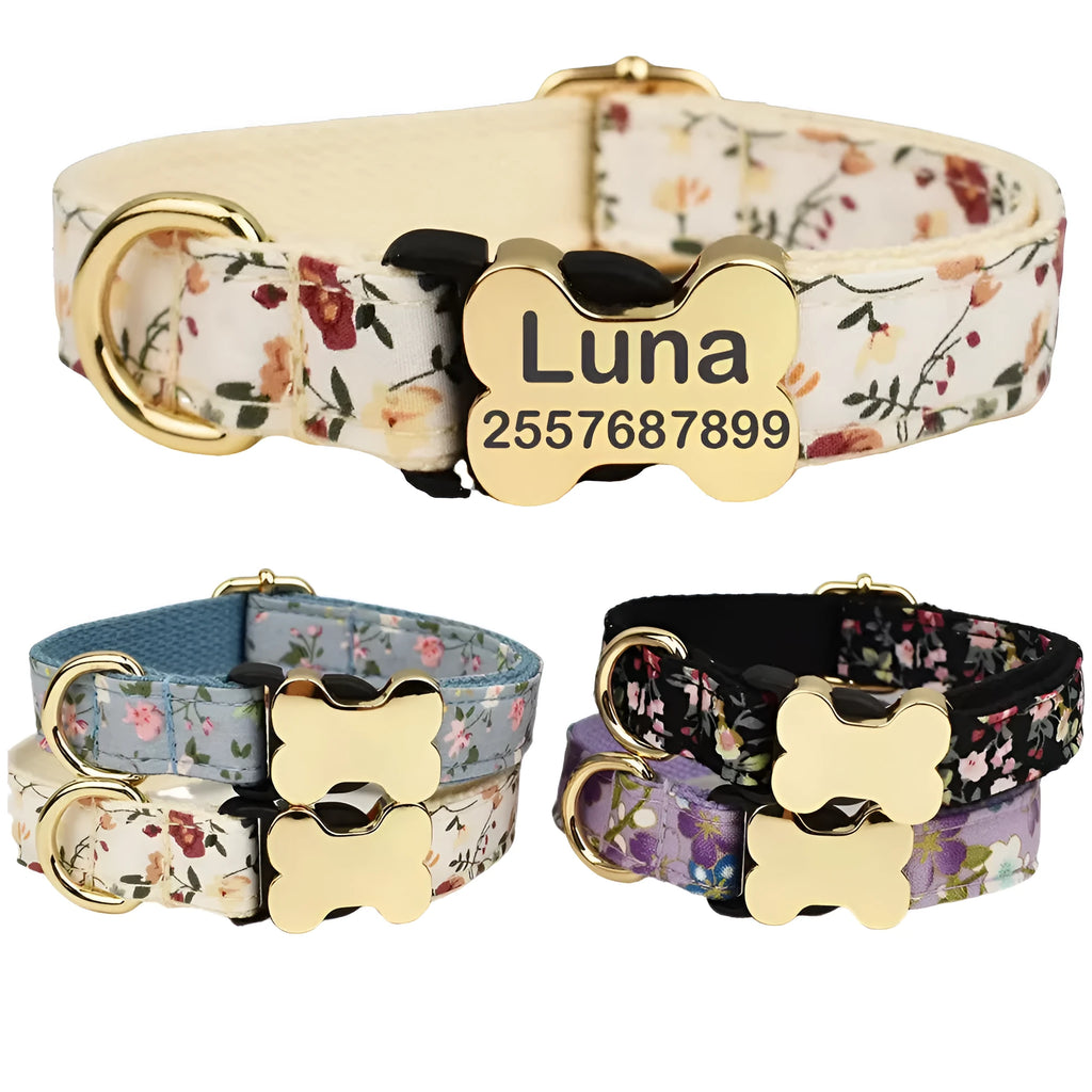 Flat printed grid nylon dog collar with a white bone-shaped plastic buckle on a green background.