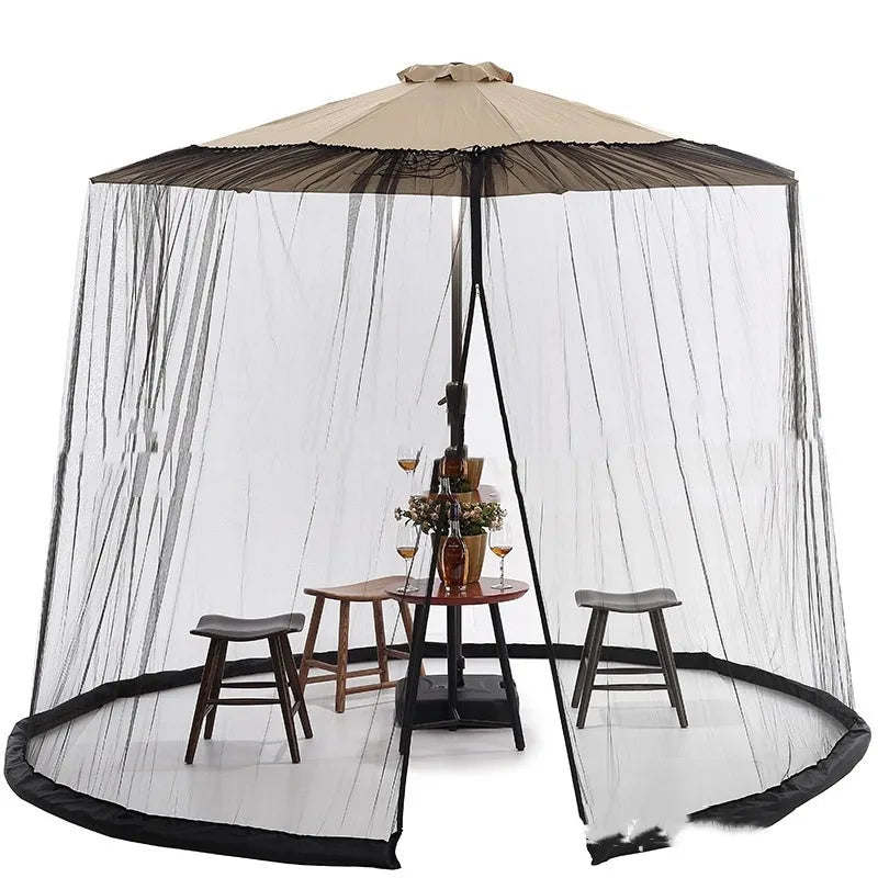 Large beige outdoor umbrella tent with full mosquito netting walls providing shade and insect protection.