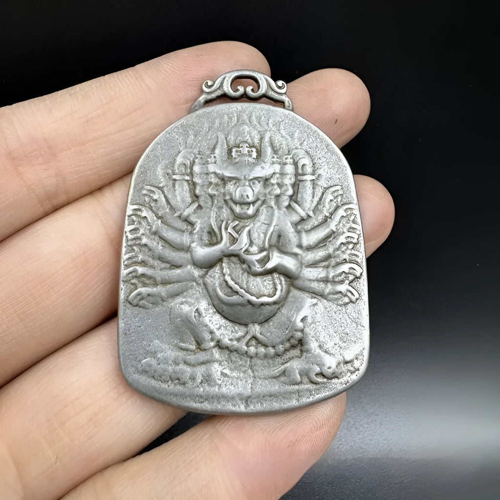 Iron antique pendant with Chinese geometric carving and Aryaacalanatha Yamantaka design