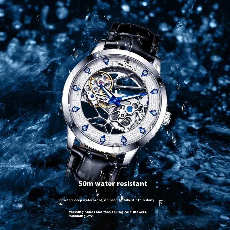 Men's silver case mechanical watch with white dial, blue hands, and black leather strap.