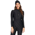 Black conservative Muslim ladies' two-piece swimsuit set on a mannequin, showing full-coverage top and pants design.
