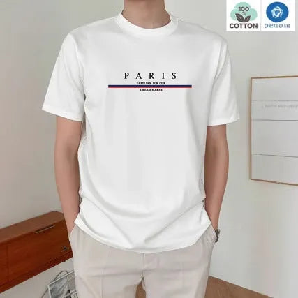 Men's loose fit cotton t-shirt with a printed letter design on the front, shown in apricot colour.