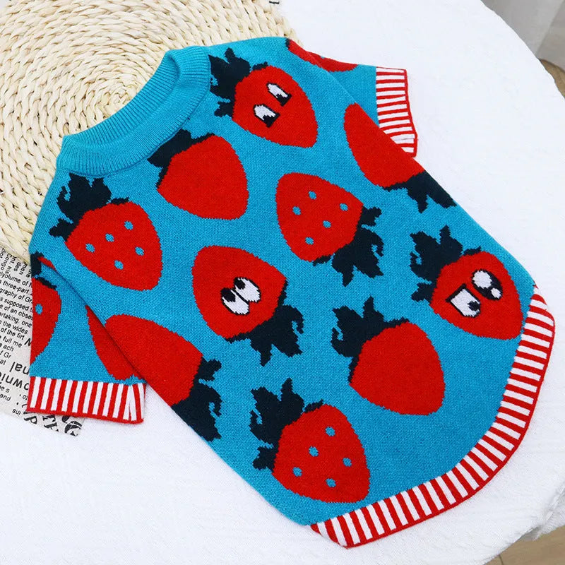 Cartoon animal design woollen dog sweater for autumn and winter, available in multiple sizes.