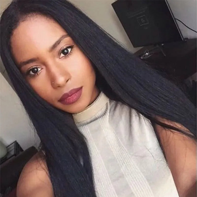 Long straight black hair wig with centre-parted bangs on display stand