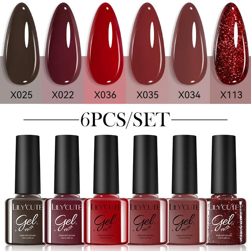 Set of 20 UV gel nail polish bottles in various colours including glitter and nude shades, each 7ml.