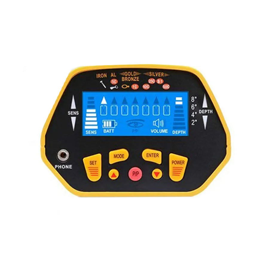 Black and yellow GC1028 professional metal detector with LCD screen and adjustable pole.