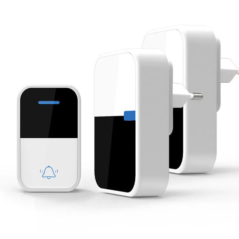 White modern wireless doorbell kit showing a rectangular receiver and a smaller square push button.