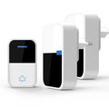 White modern wireless doorbell kit showing a rectangular receiver and a smaller square push button.