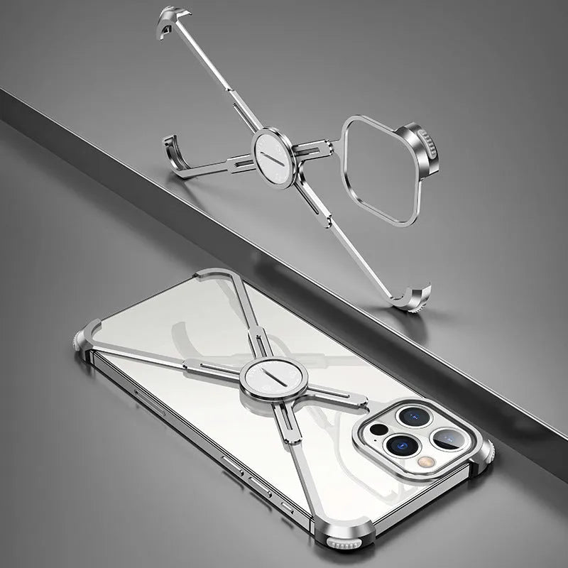 X-shape metal airbag phone case for iPhone 12, black colour, with bare metal frame and hollow side frames
