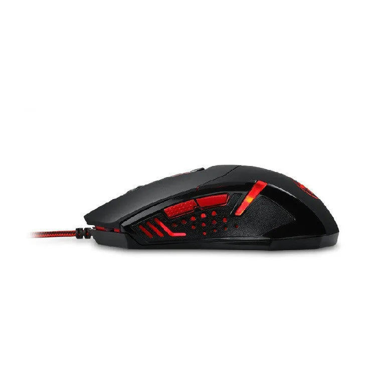 Black and red USB wired optical gaming mouse with six buttons on a desktop.
