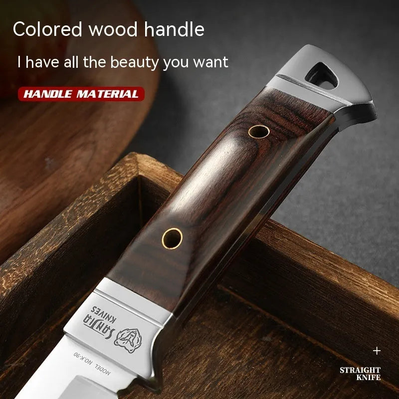 Camping multifunctional fruit knife with stainless steel blade and leather case in national style design