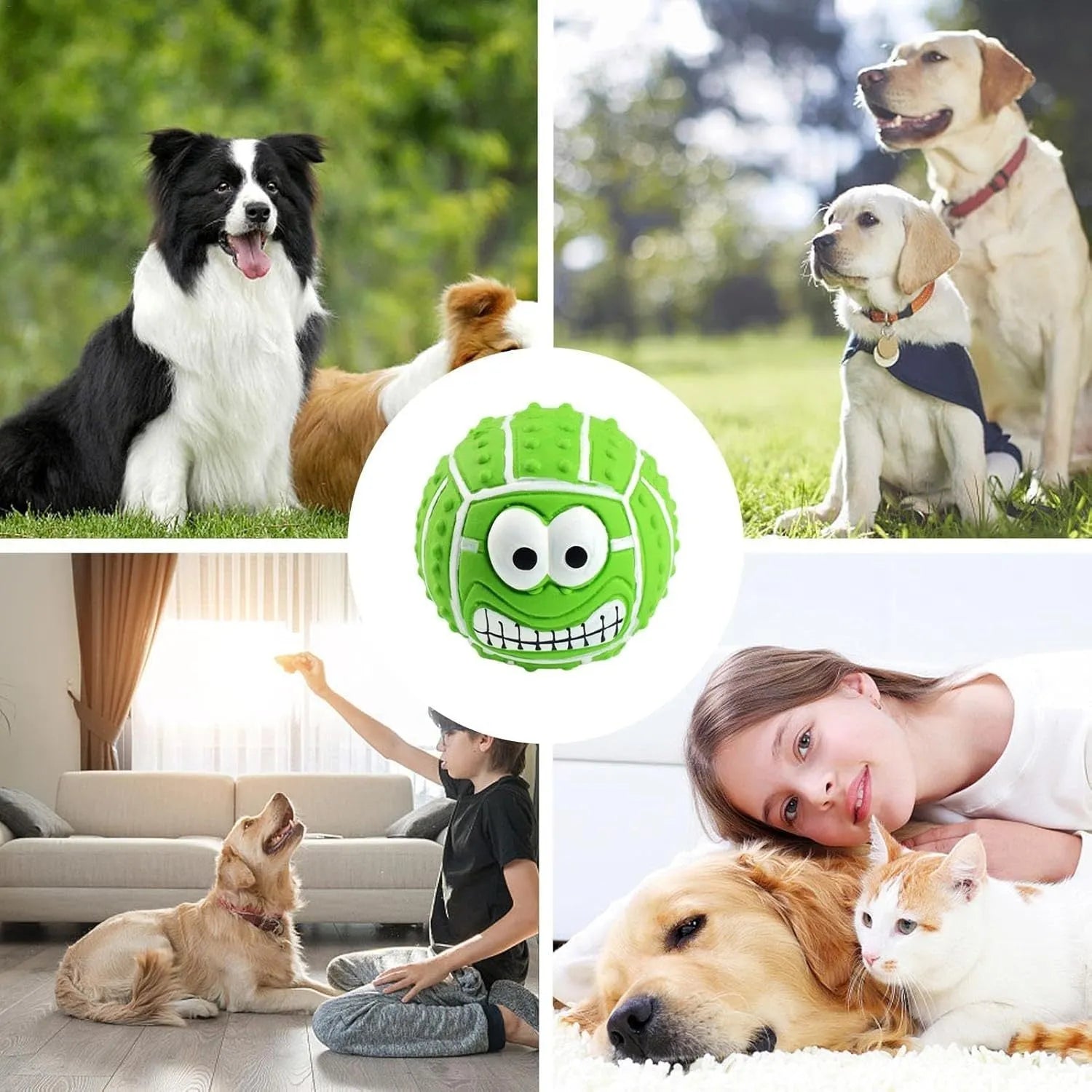 Green, orange, and yellow squeaky latex dog balls with smiley faces for pet play.