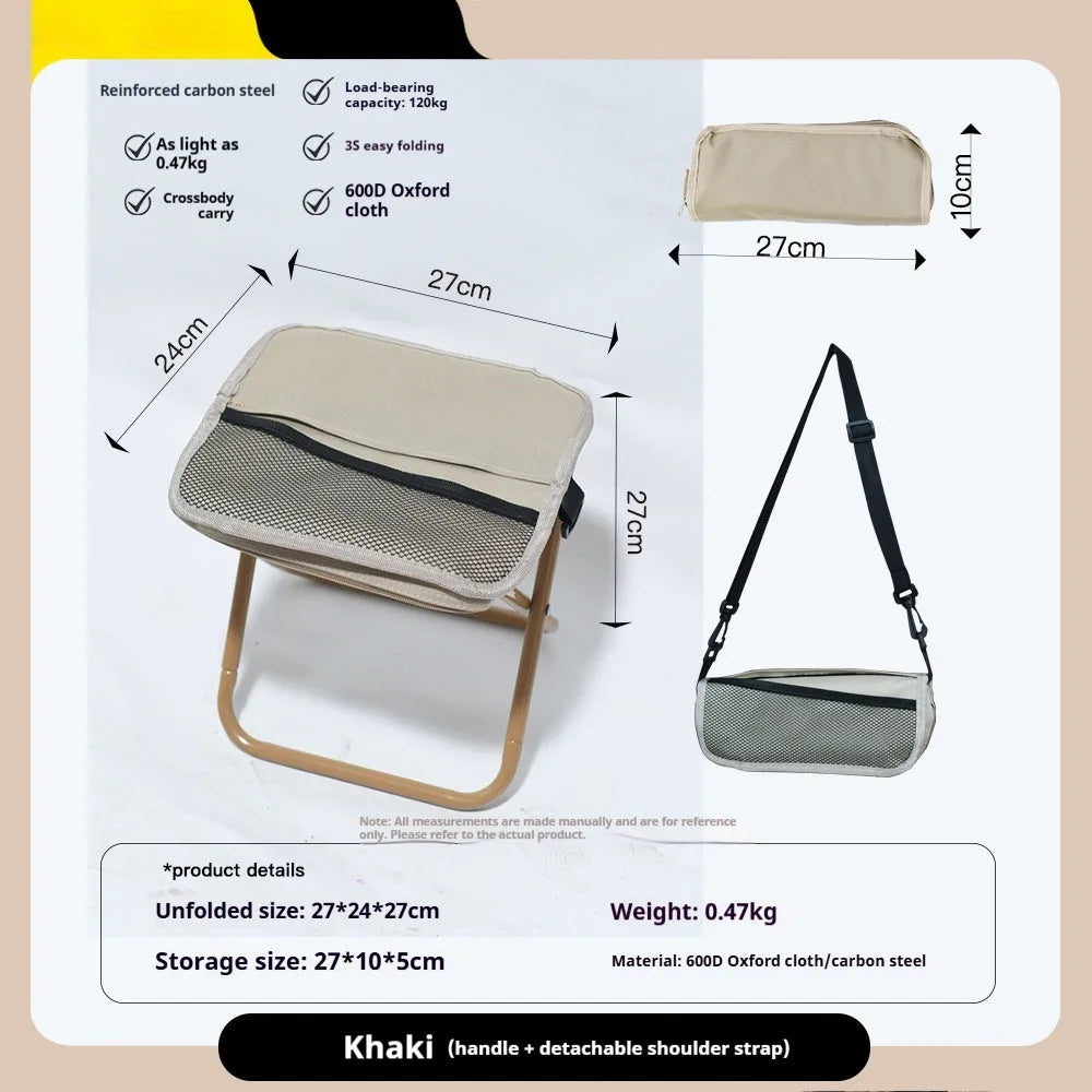 Lightweight foldable camping stool in Oxford cloth shown in a khaki colour, folded to a slim profile.