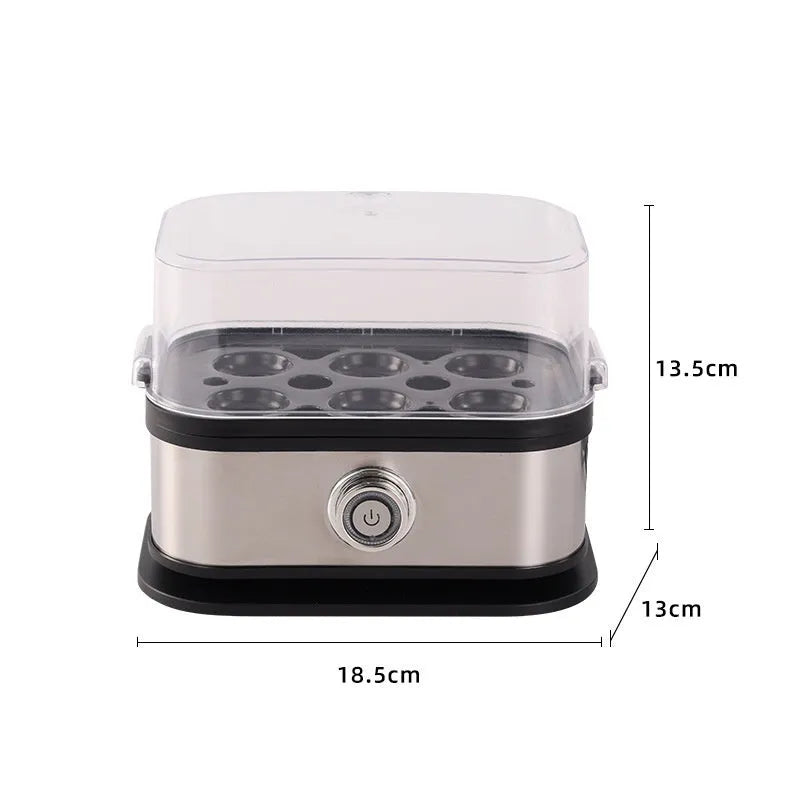 Black stainless steel mini portable electric egg boiler on a countertop