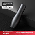 Aluminium alloy vehicle emergency window breaker tool with test glass on a table.