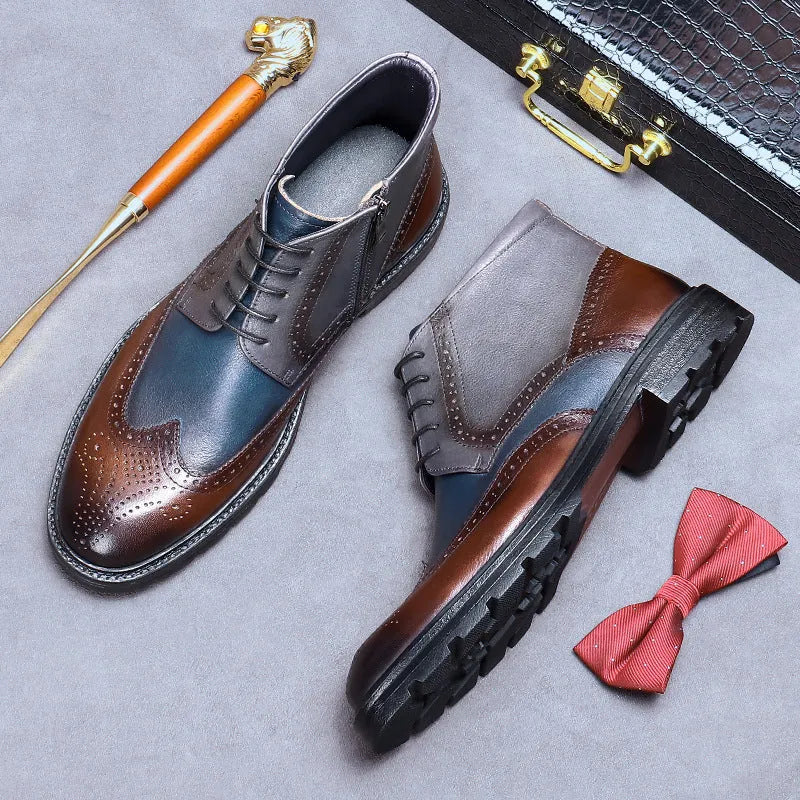 Men's curry blue leather brogue boots with front lacing and a low square heel
