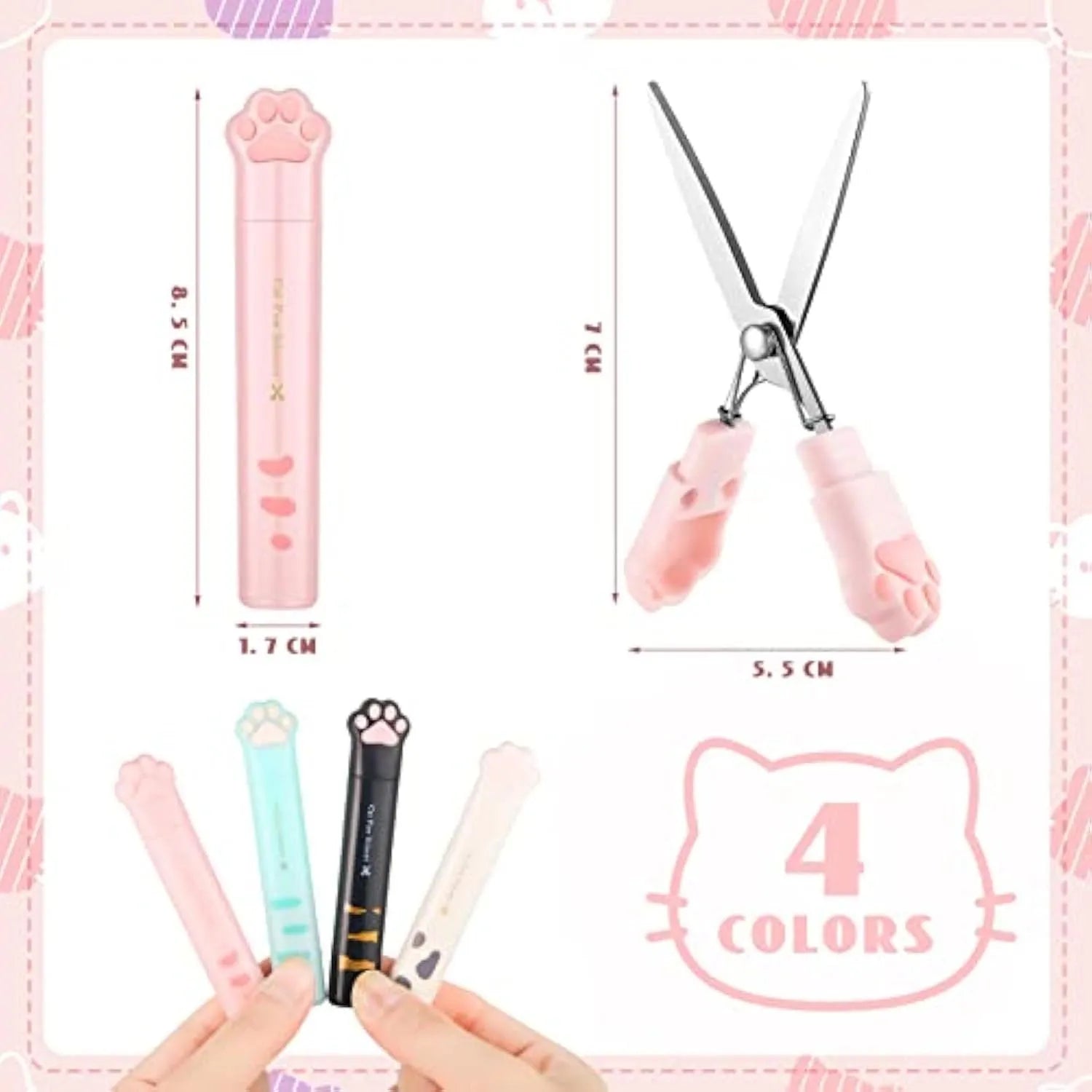 Set of four mini folding scissors with cat paw handles in pink, white, black, and blue colours, shown closed.