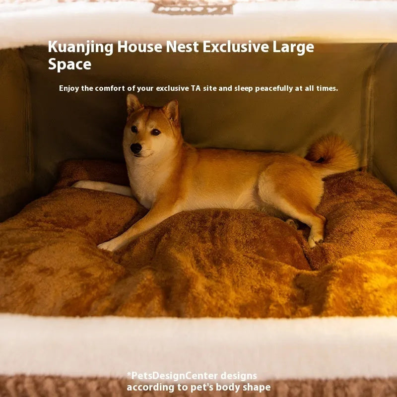 Brown bear pattern enclosed dog bed with curved sides and removable cover