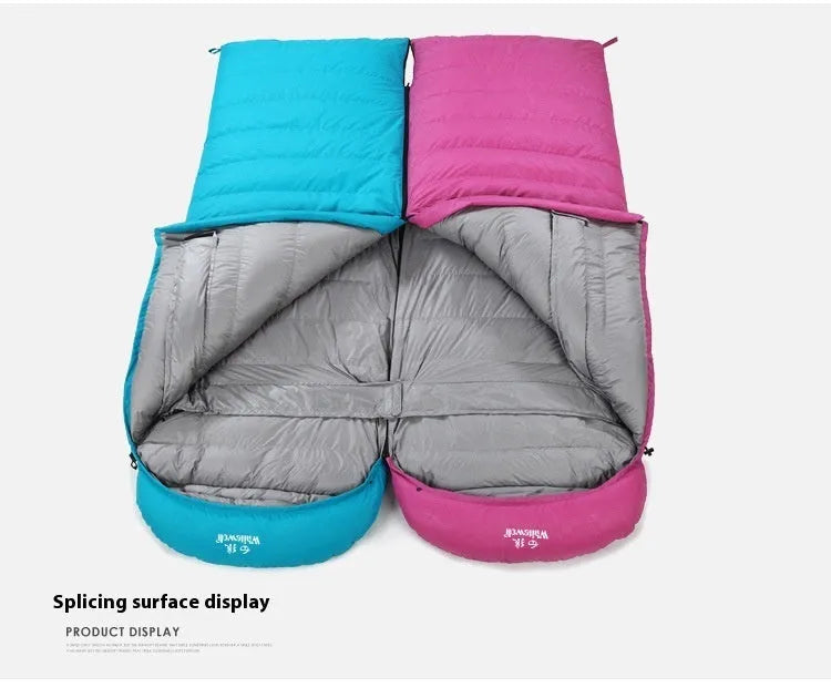 Black outdoor sleeping bag with envelope design, shown with options for goose down or velvet insulation weights.