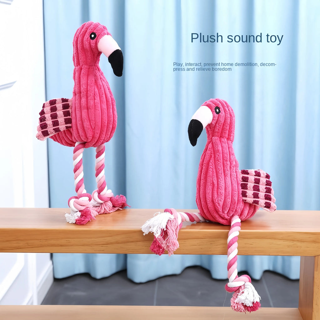Pink animal-shaped corduroy plush dog squeaky toy for chewing play.
