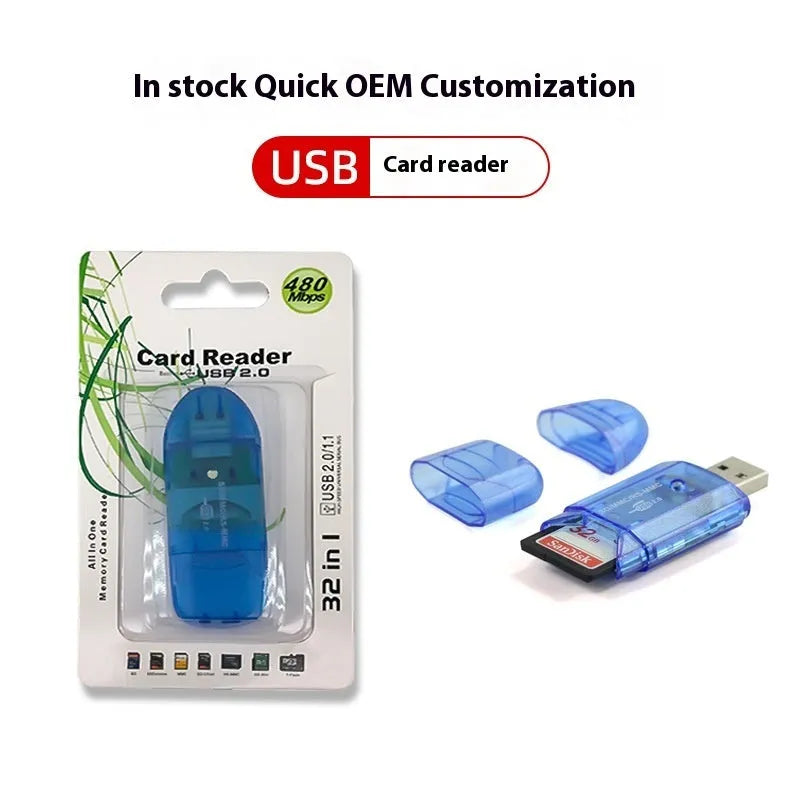 Transparent plastic USB card reader with optional LED light on a desk