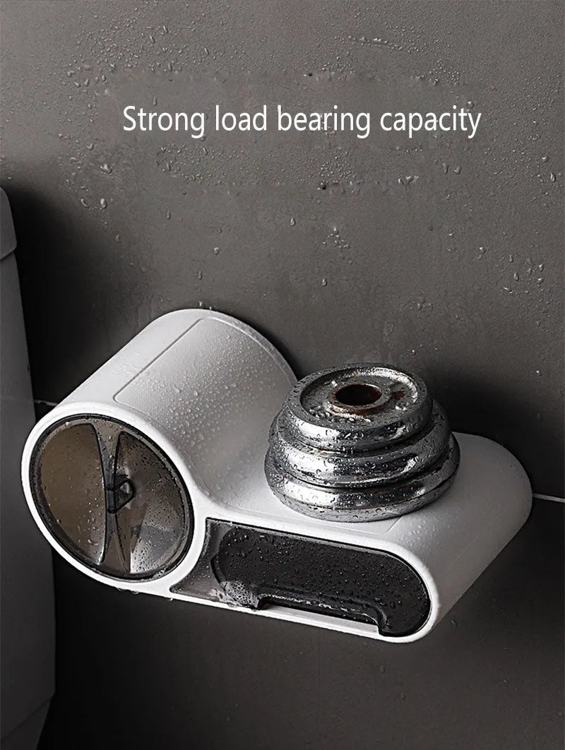White plastic toilet roll holder with streamline curve design mounted on a bathroom wall.