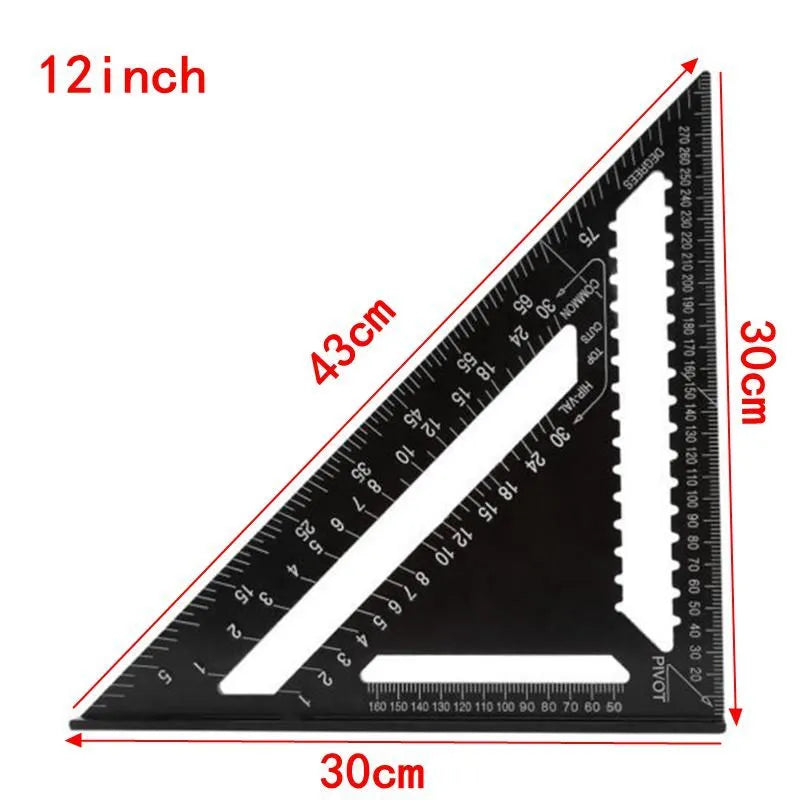 Black aluminium triangle ruler square showing 90 and 45 degree angles with measurement scales