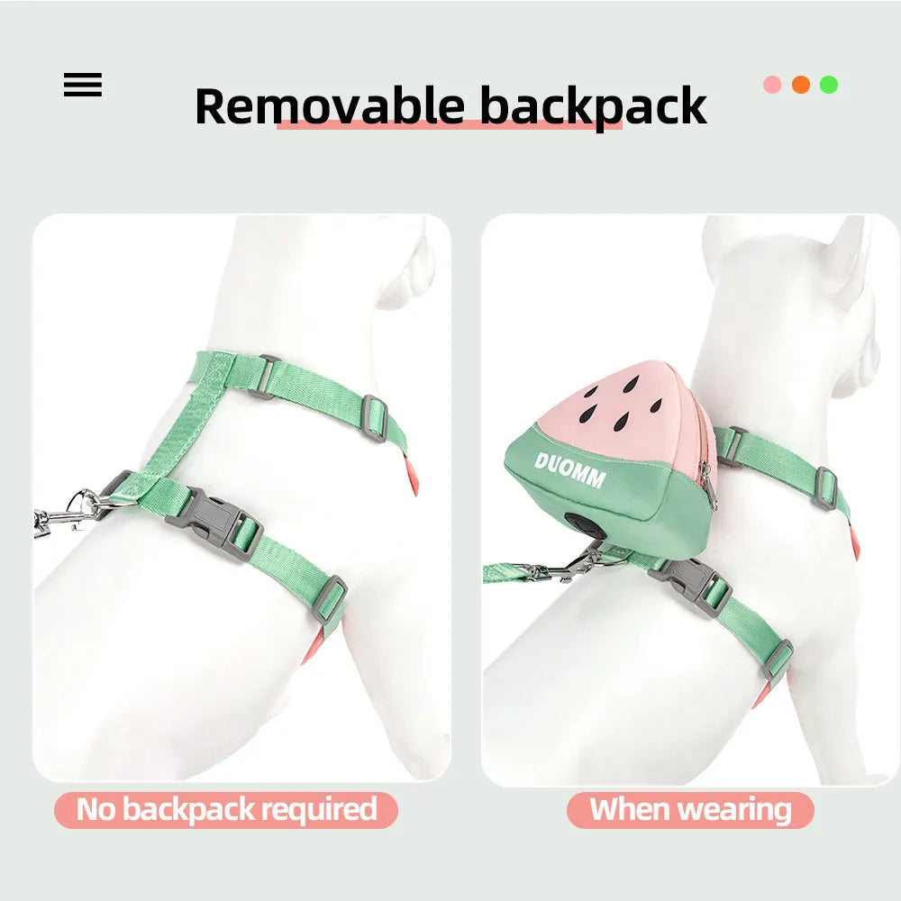 Green anti-slip pet harness and backpack set for a small dog on a pink background
