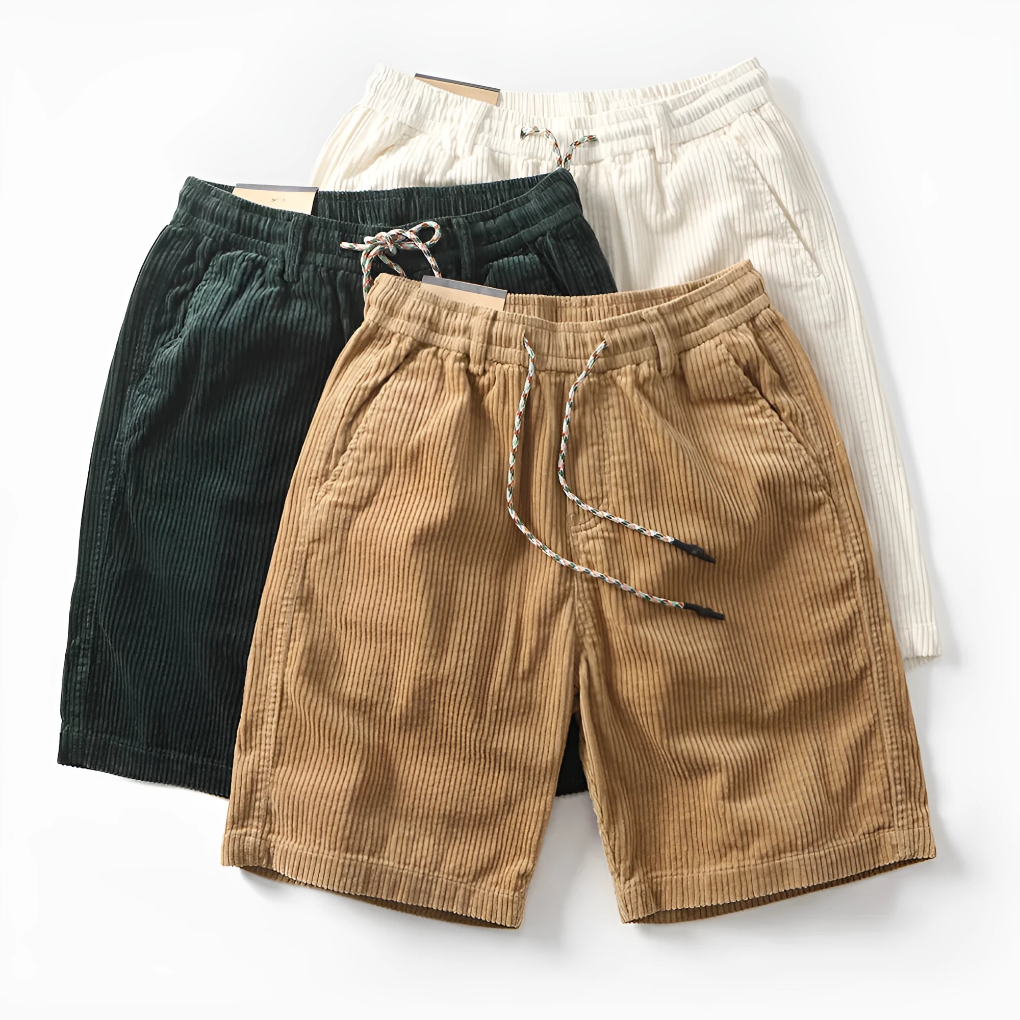 Men's khaki cargo shorts with straight leg cut and American retro street style