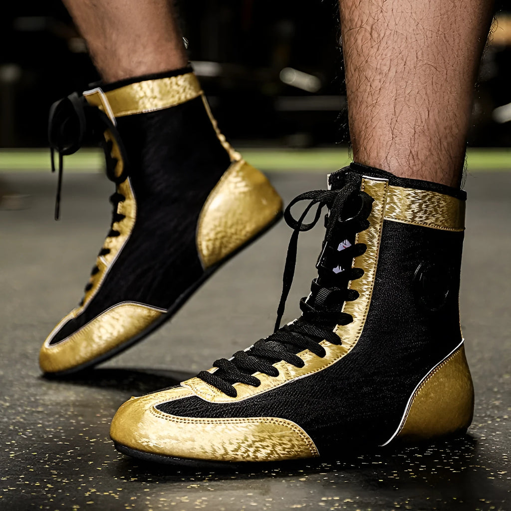Professional boxing wrestling shoes in black gold mesh and white leather for indoor training