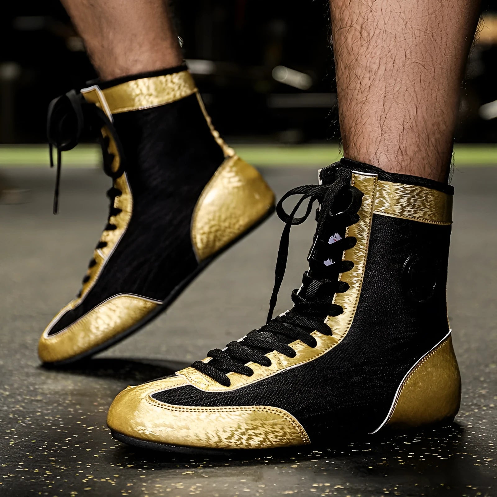 Professional boxing wrestling shoes in black gold mesh and white leather for indoor training