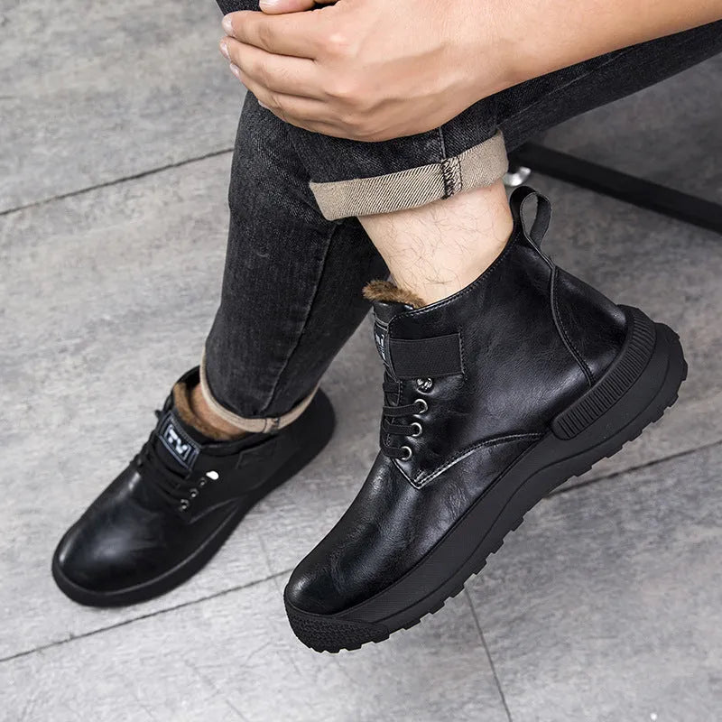 Men's black high-top platform Martin Boots with velvet-like PU upper and rubber sole