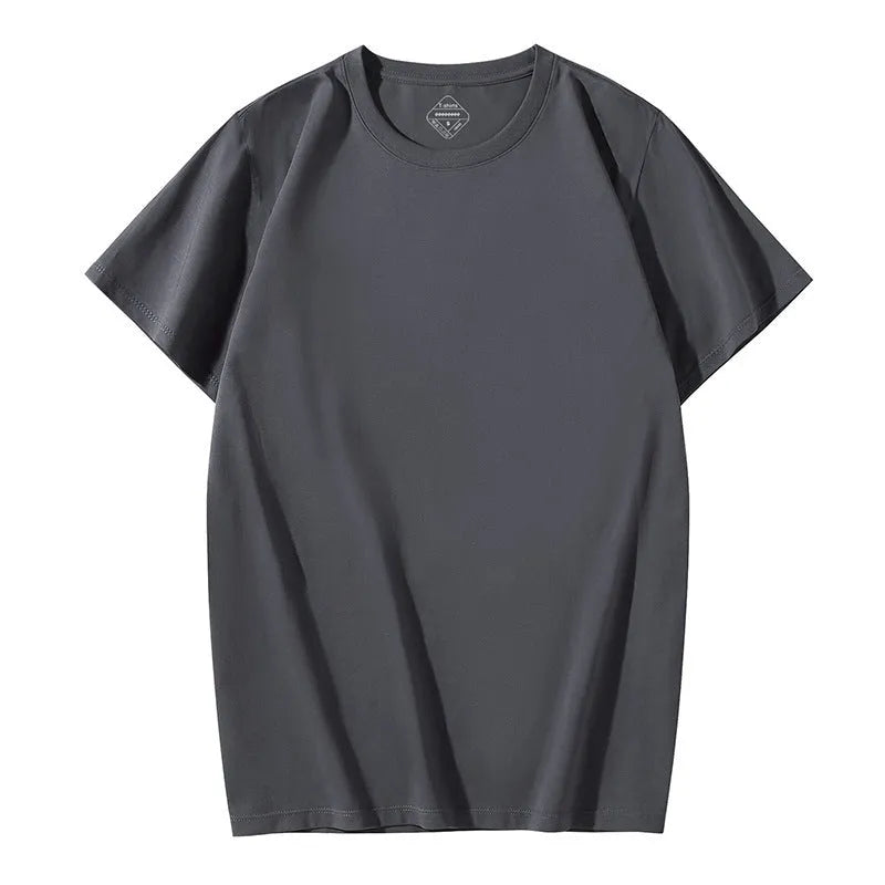 Men's loose fit short sleeve t-shirt in ice silk fabric showing colour options including sapphire blue and light pea green