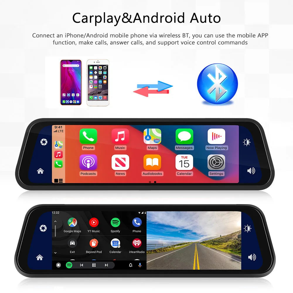 9.66-inch HD in-mirror car dash cam display with front camera and waterproof rear view camera on brackets.