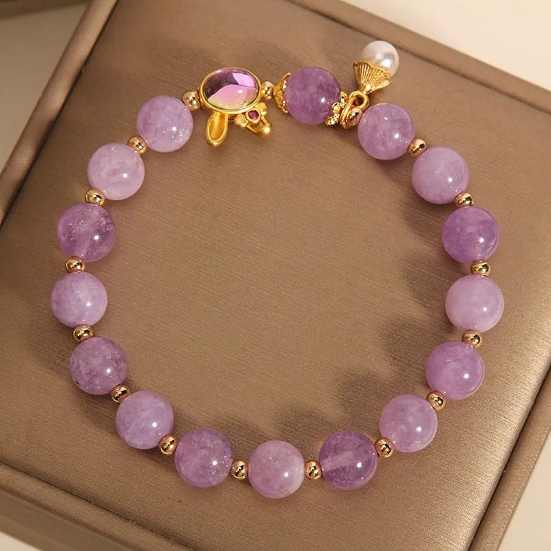 Natural mauve jade hare head crystal bracelet in Mori style with purplish red accents.