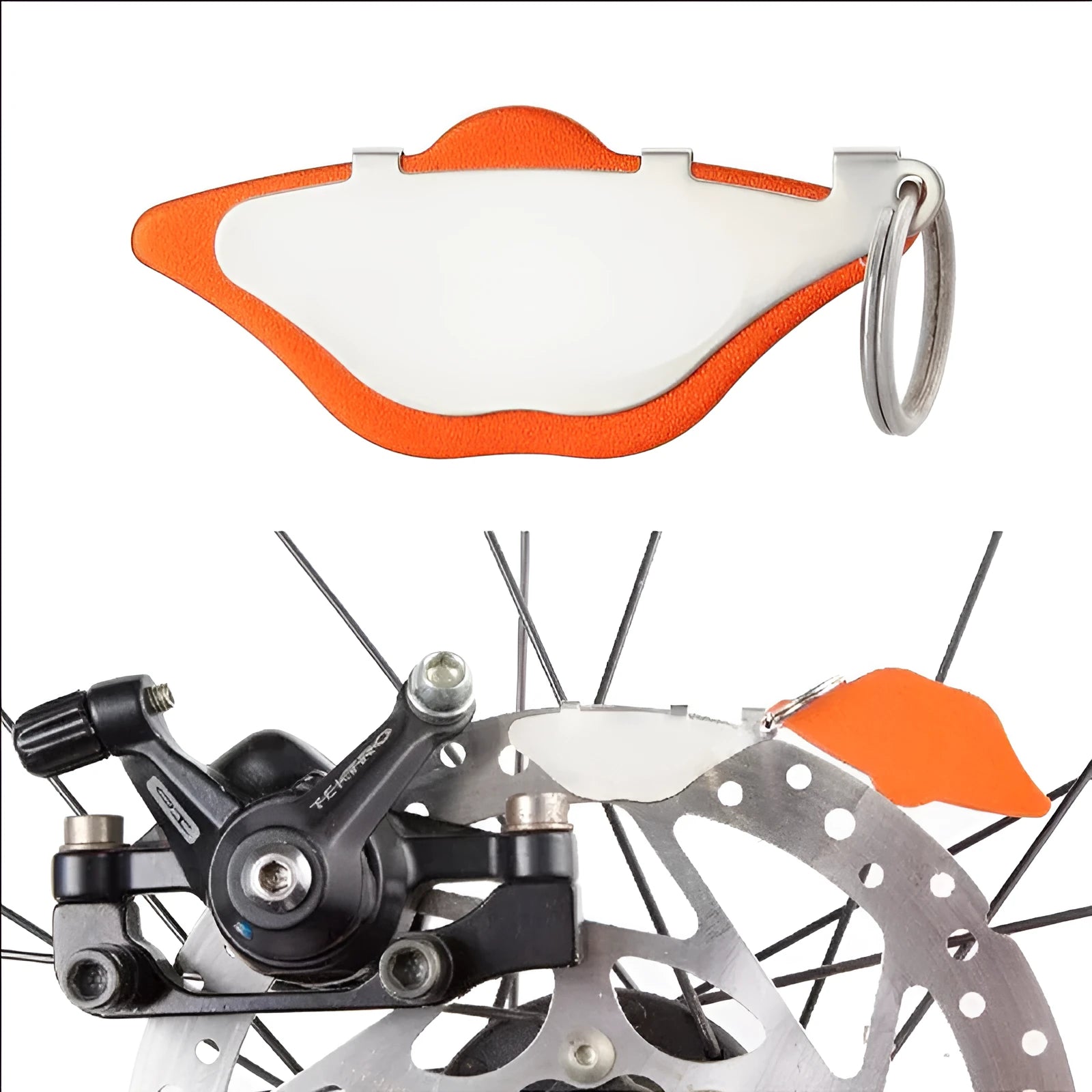 Mountain bike disc brake linings with adjustment flap in black and orange metal construction